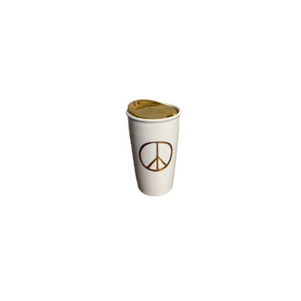 Starbucks White and Gold Peace Sign Ceramic Travel Mug